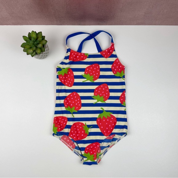 Mini Boden Strawberry Red White Blue Stripe Fruit One Piece Swim Suit Girl - Picture 1 of 5